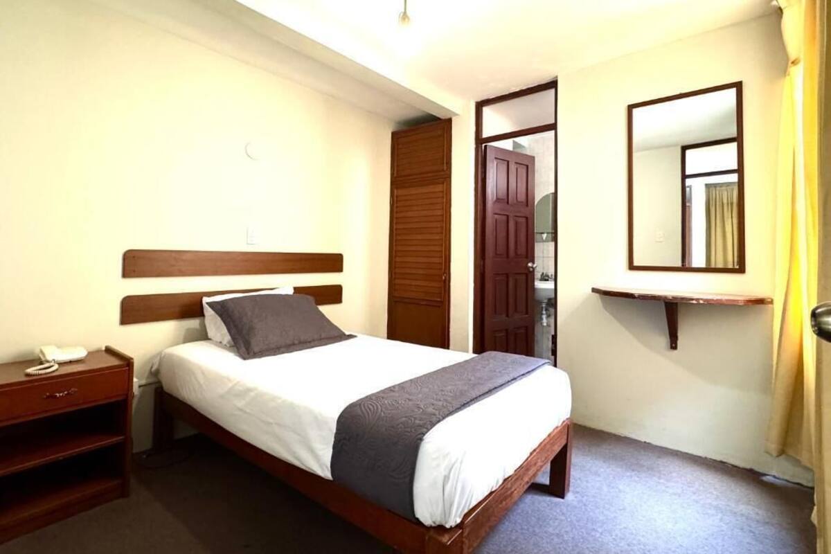 Habitación de hotel con una cama de madera, una mesita de noche con una lámpara, un espejo y una puerta que da al baño.