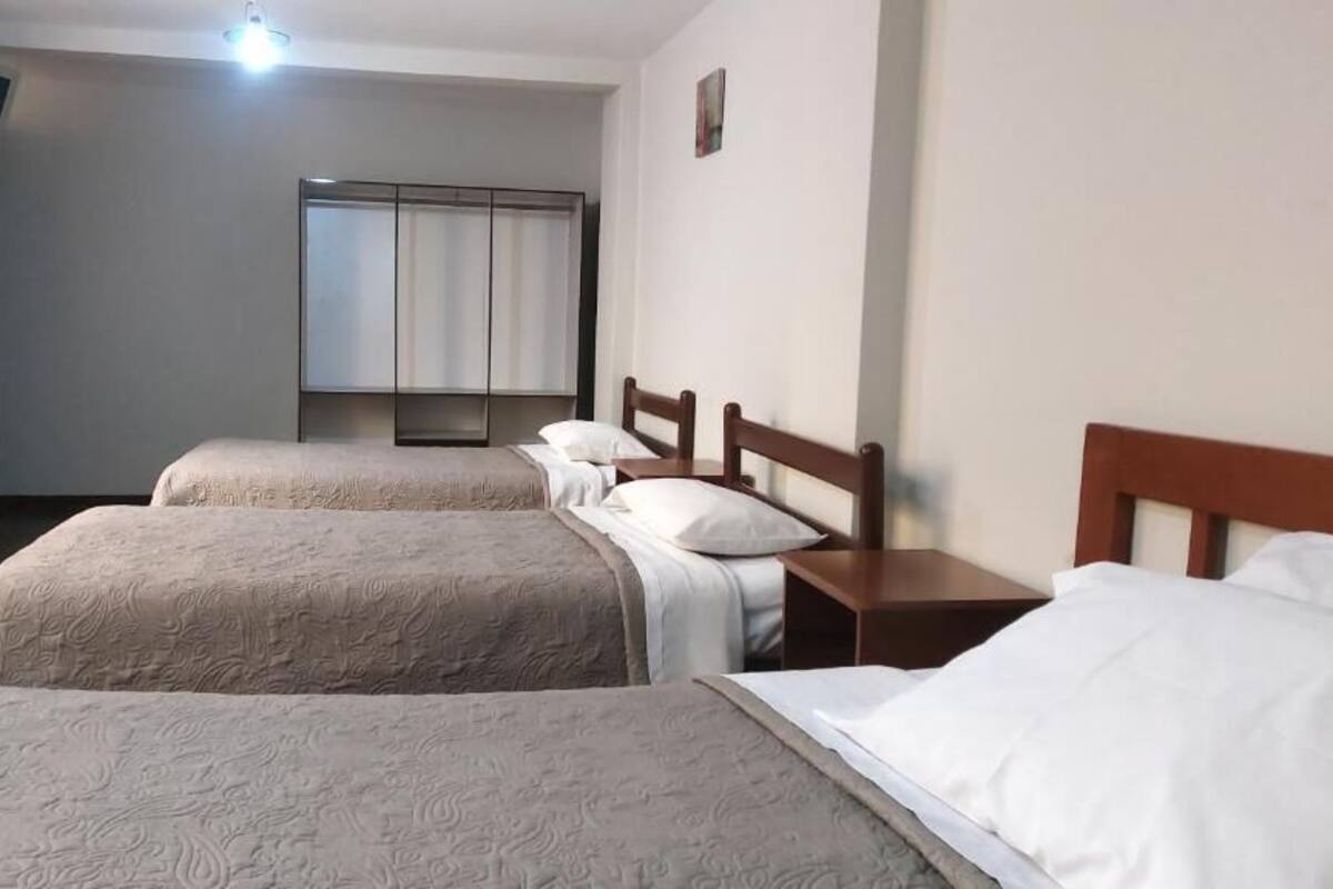 Una habitación de hotel con dos camas, televisión, armario y mesita de noche.
