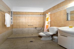 Une salle de bain avec douche, toilettes et lavabo.