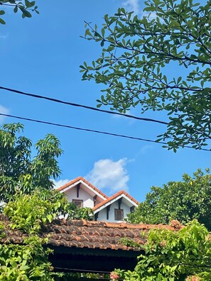 Una casa con techo de tejas, rodeada de follaje y un cielo azul despejado.
