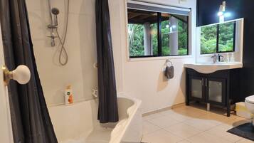 Hair dryer, bidet, towels, soap