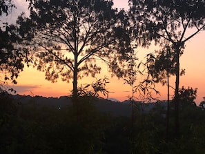 A sunset with silhouettes of trees and a distant mountain range. - Xomue Suite 2 (México)