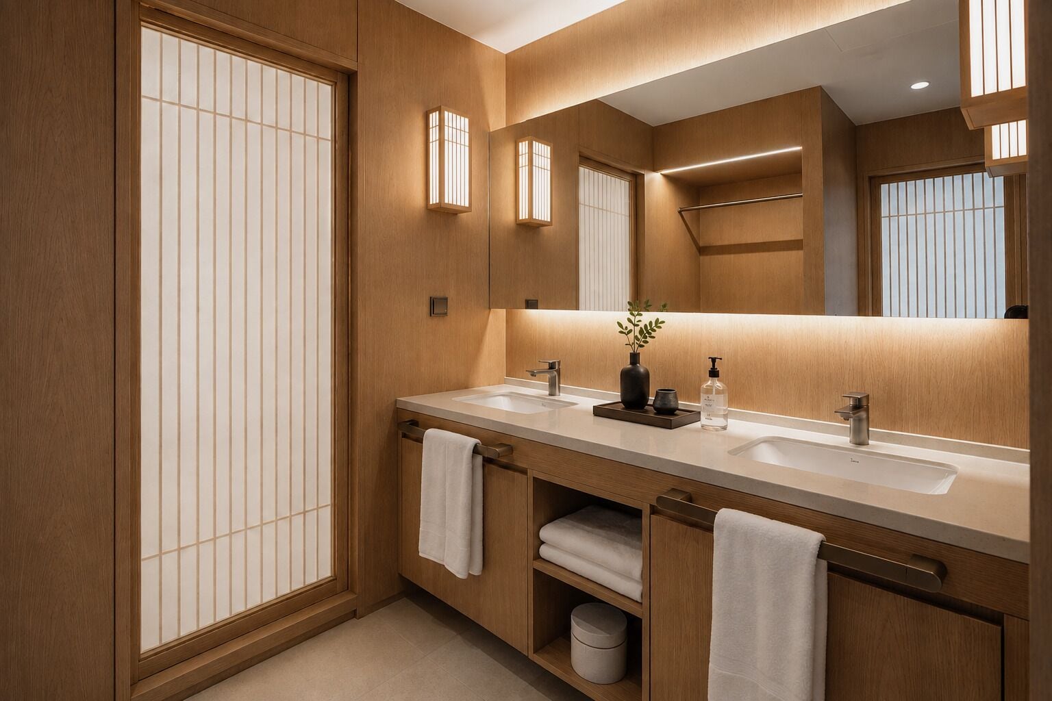 Un baño moderno con paneles de madera, dos lavamanos, un espejo grande y un perchero para toallas.