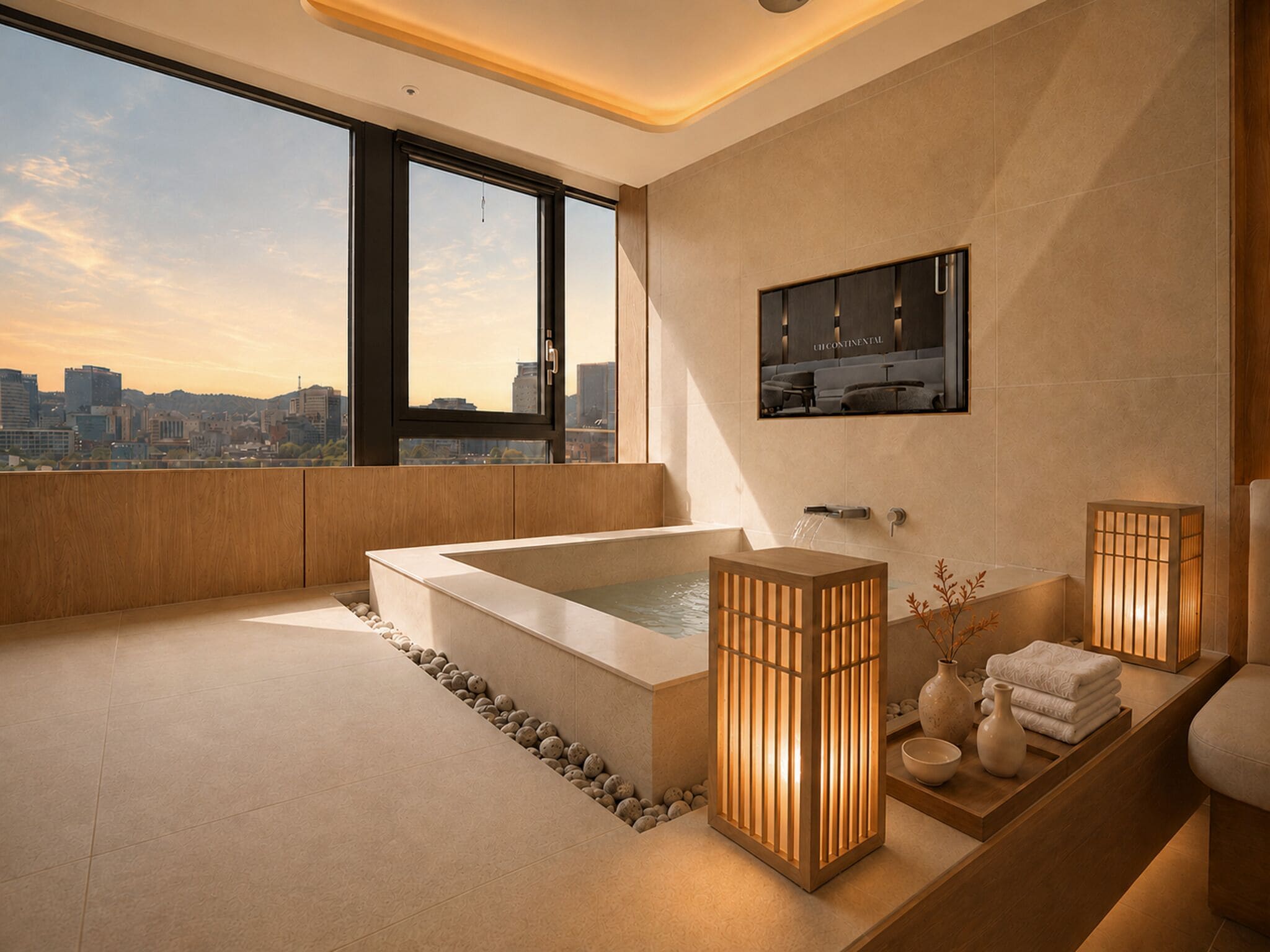A modern bathroom with a large bathtub, a sink, and a mirror. There is a city view through large windows.