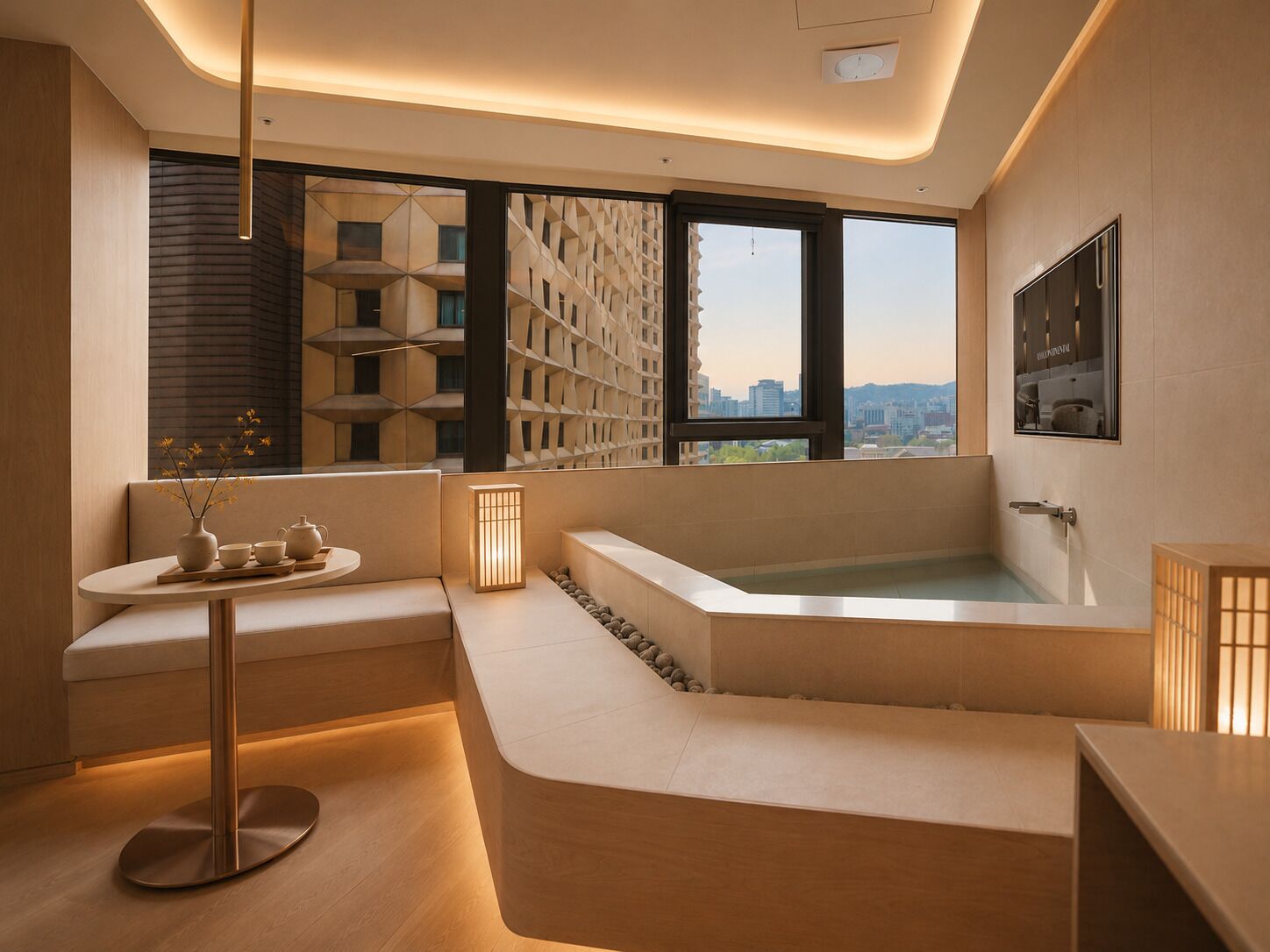 A modern bathroom with a freestanding bathtub, a seating area, and a large window offering a city view.