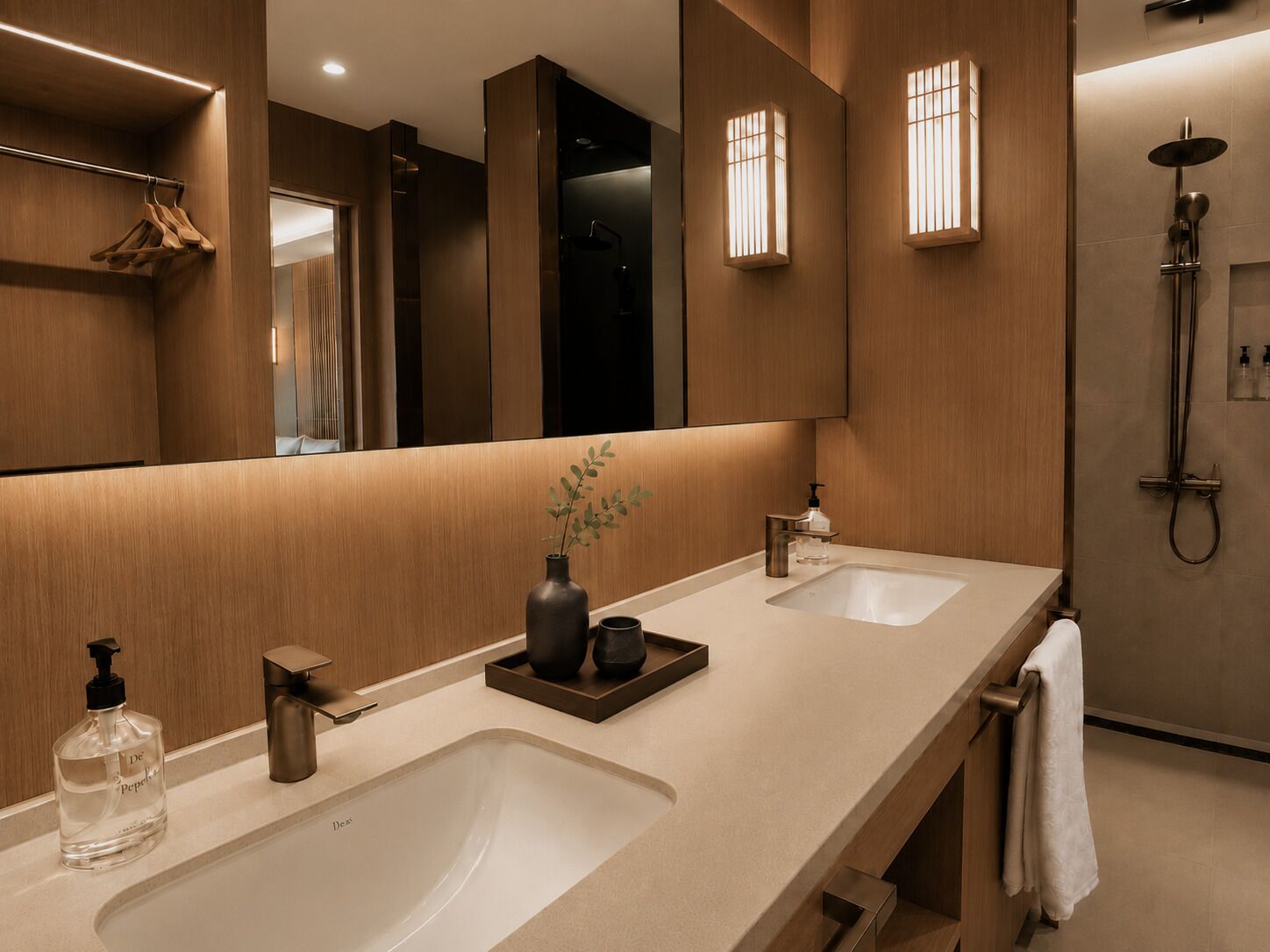 Een moderne badkamer met twee wasbakken, een spiegel, een douche en een handdoekrek.
