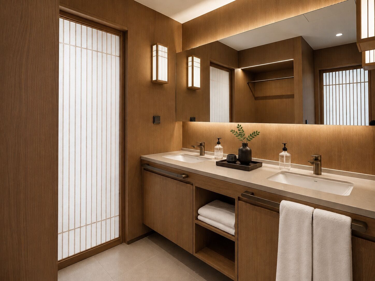Un baño moderno con muebles de madera, un lavamanos doble y un espejo grande.