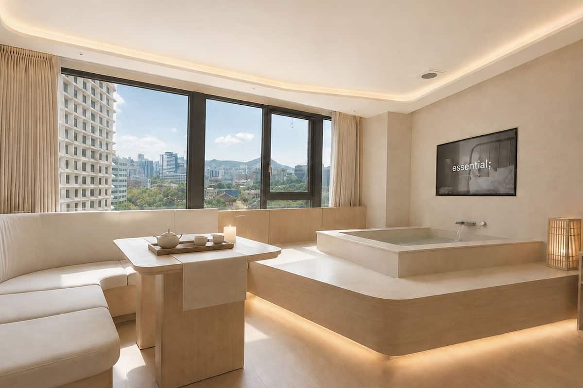 A modern bathroom with a bathtub, a seating area, and a city view.
