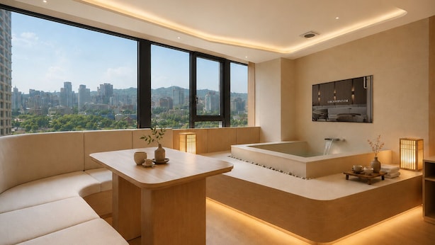 A modern bathroom with a bathtub, seating area, and large windows offering a city view.