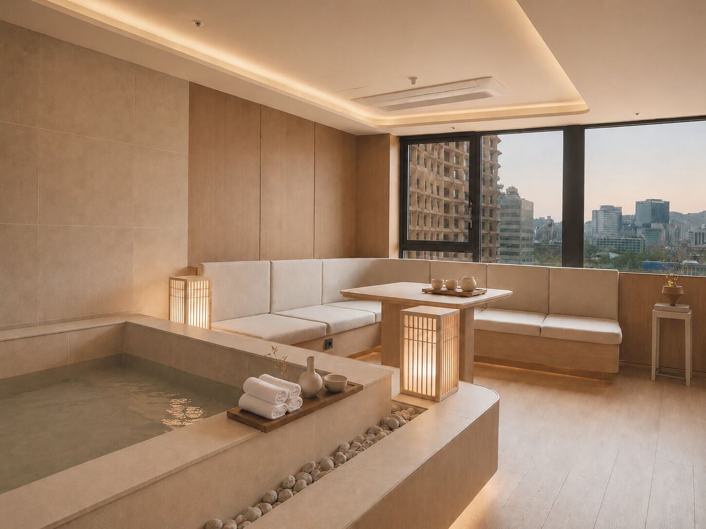 Een moderne spa-ruimte met een groot bad, een bank, een klein tafeltje met theeservies en uitzicht op de stad door grote ramen.