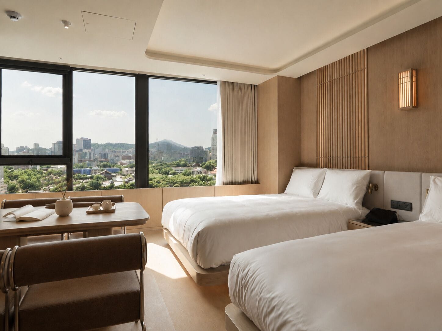 Habitación de hotel con dos camas, una mesa de comedor y vista a un paisaje urbano.