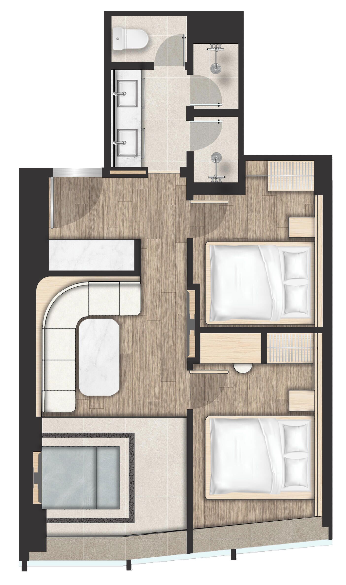 Layout de quarto de hotel com cama, área de estar, banheiro e piscina.