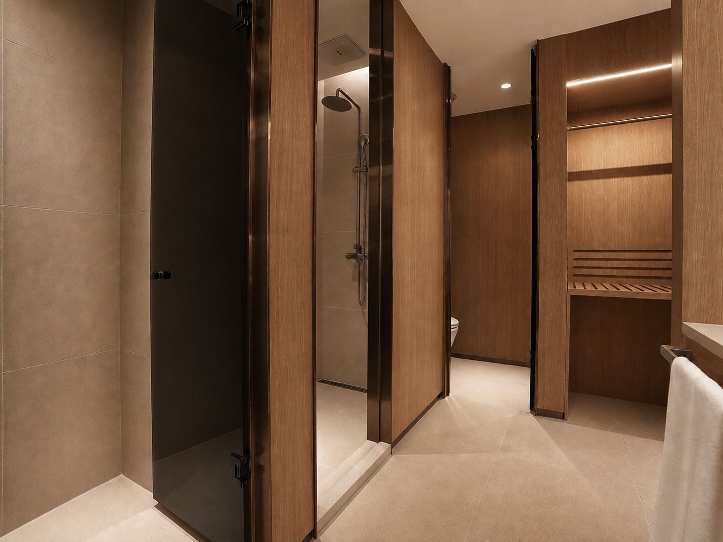 Een moderne badkamer met een douchecabine van glas, houten kastjes en een witte handdoek.