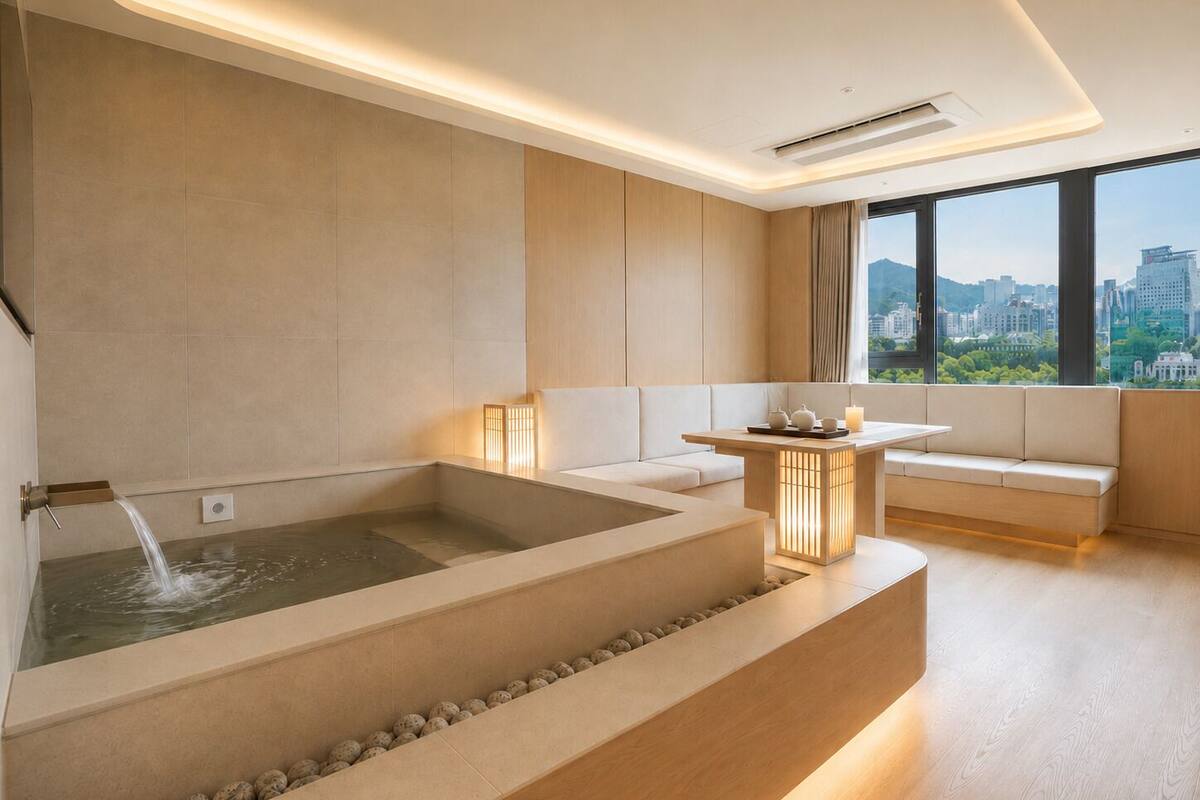 A modern spa room with a large bathtub, a seating area, and a view of the city.