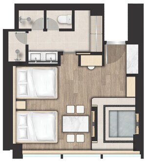 Indeling van een hotelkamer met een bed, twee nachtkastjes, een bank, een kleine tafel, een badkamer met bad, douche en toilet.