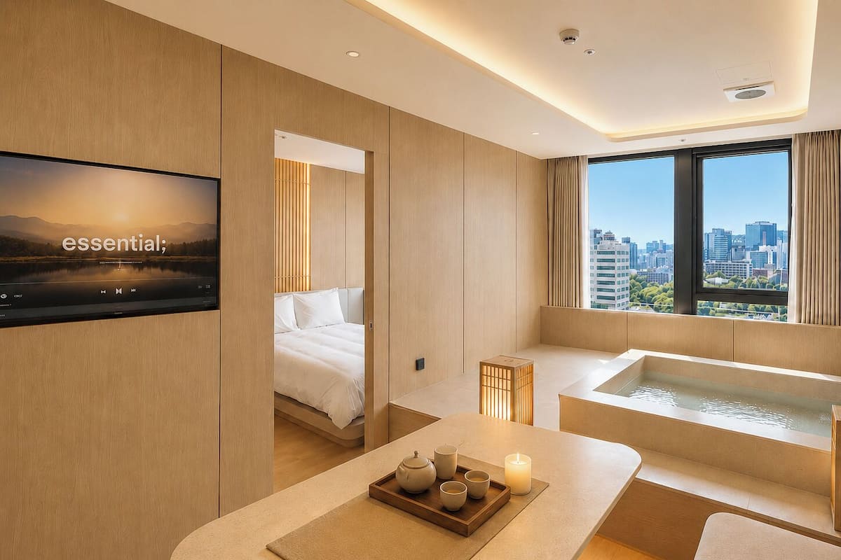 A modern hotel room with a bed, a TV, a bathtub, and a city view.