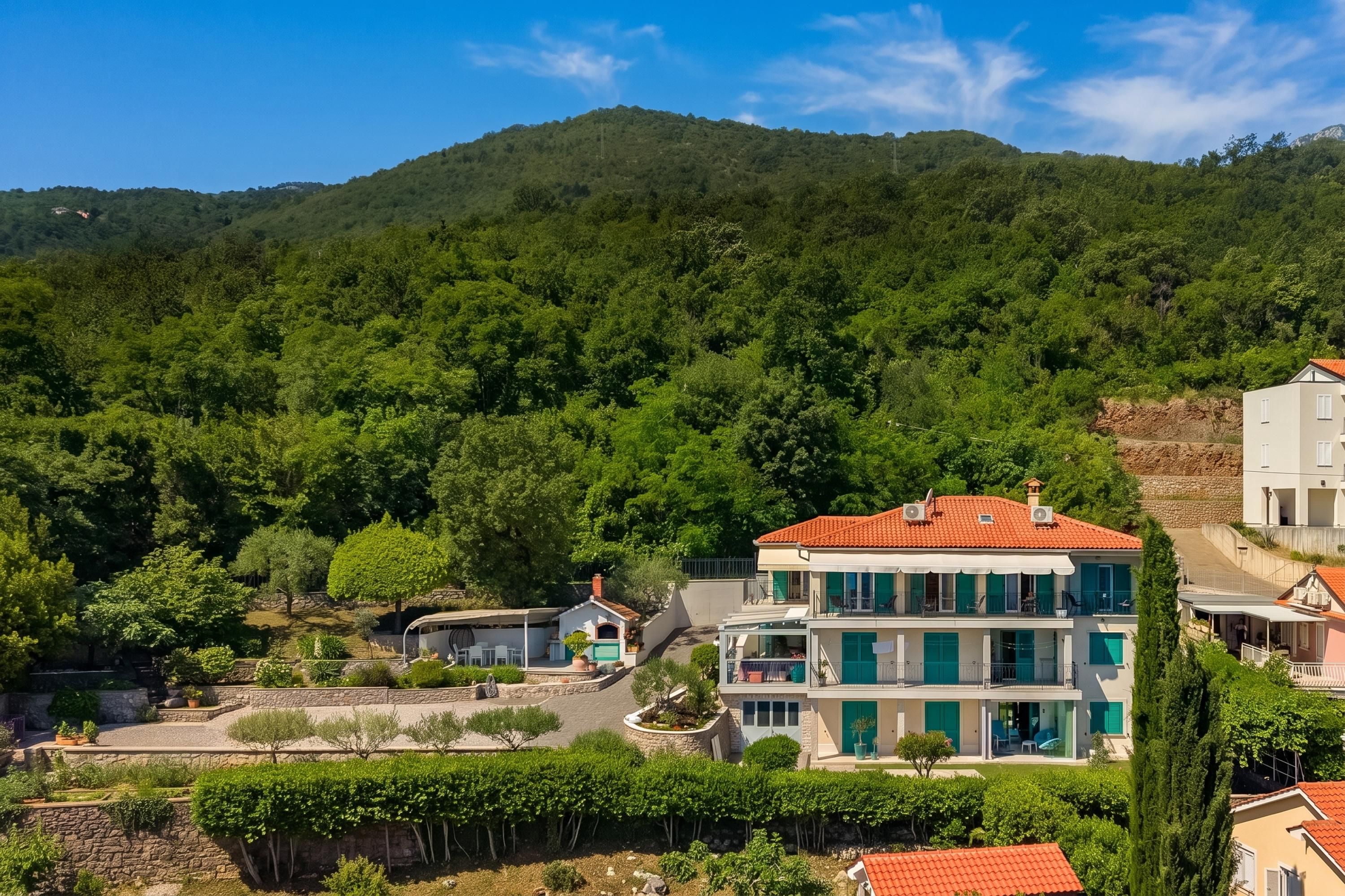 A hillside residential area with modern houses, a vineyard, and a mountain backdrop.