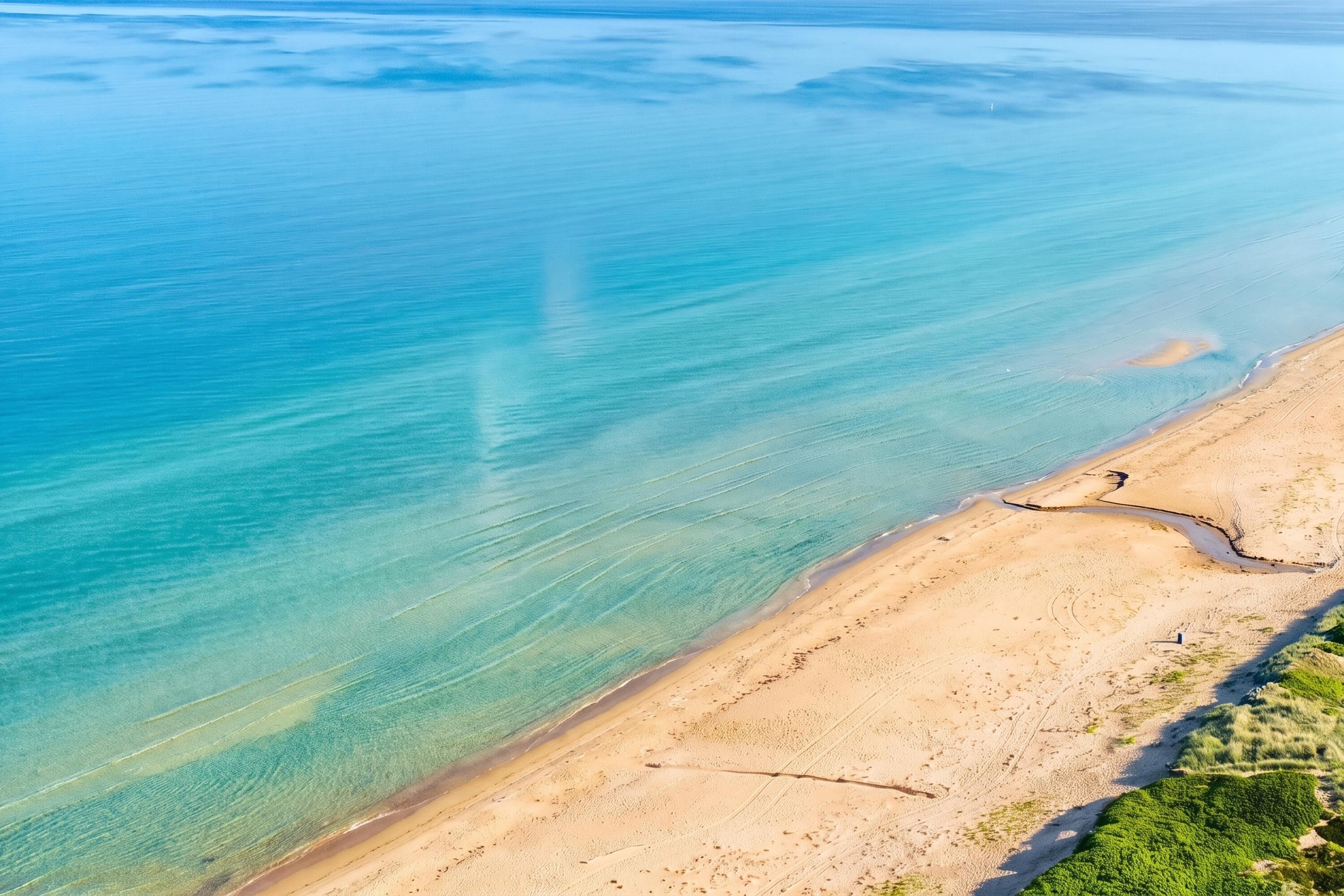 Une vue aérienne d’une plage aux eaux d’un bleu limpide et au rivage sablonneux.