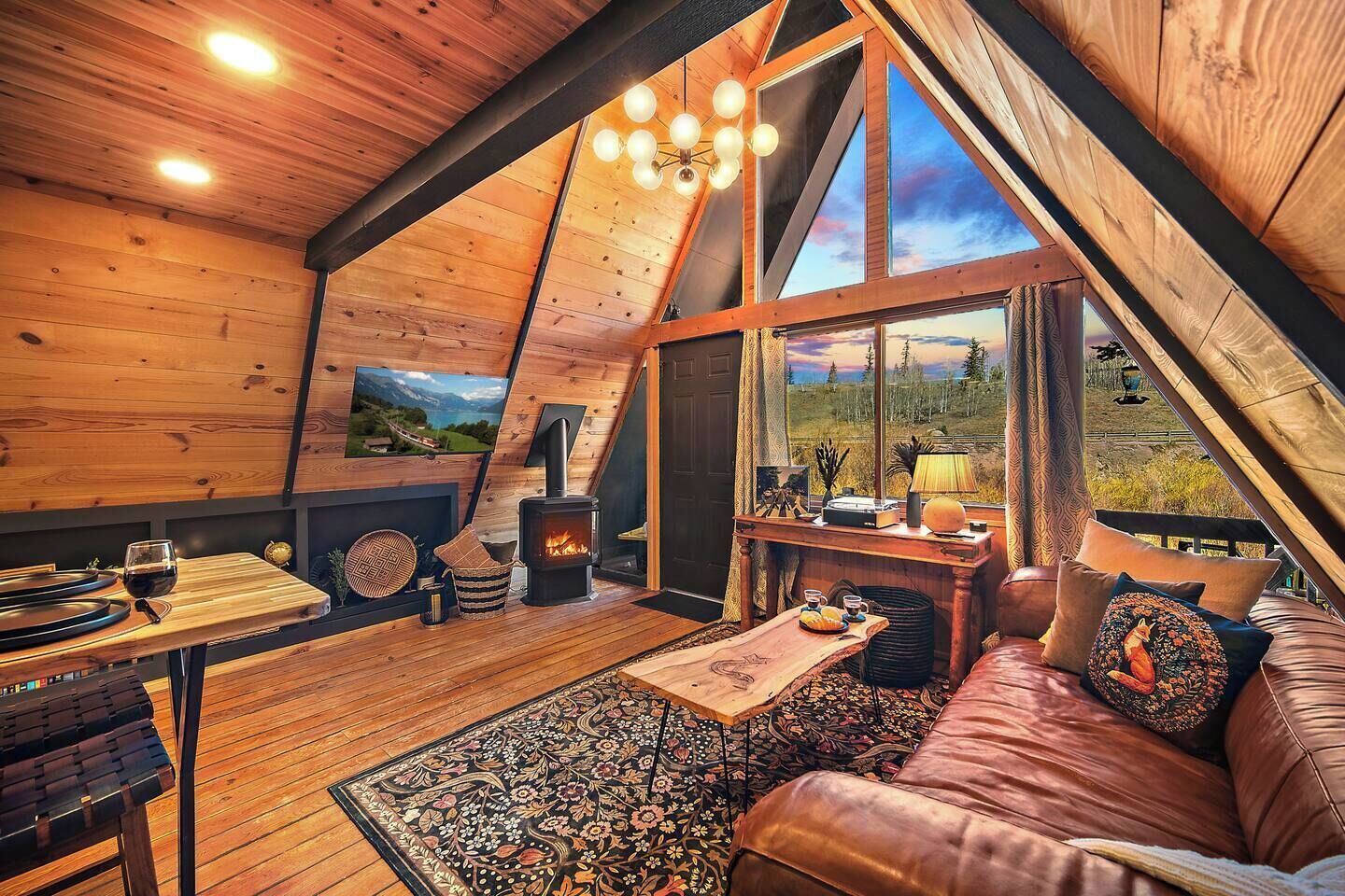 TV, fireplace, books