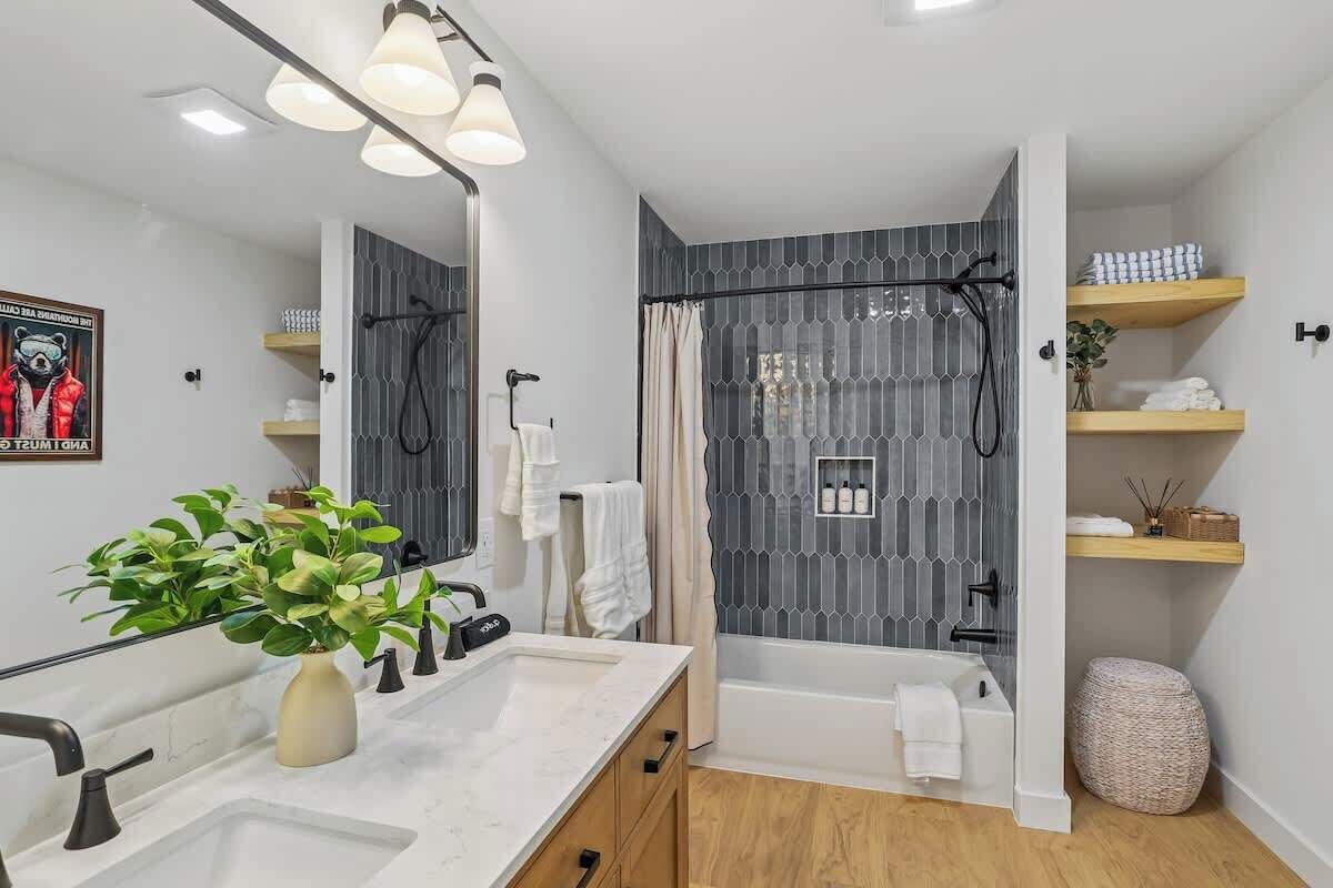 Shower, hair dryer, shampoo