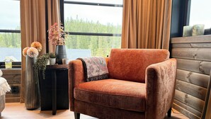 A cozy room with a plush orange armchair, a wooden sideboard, and a view of trees through large windows. - New cabin with activities and fire pit near Voss (Voss)