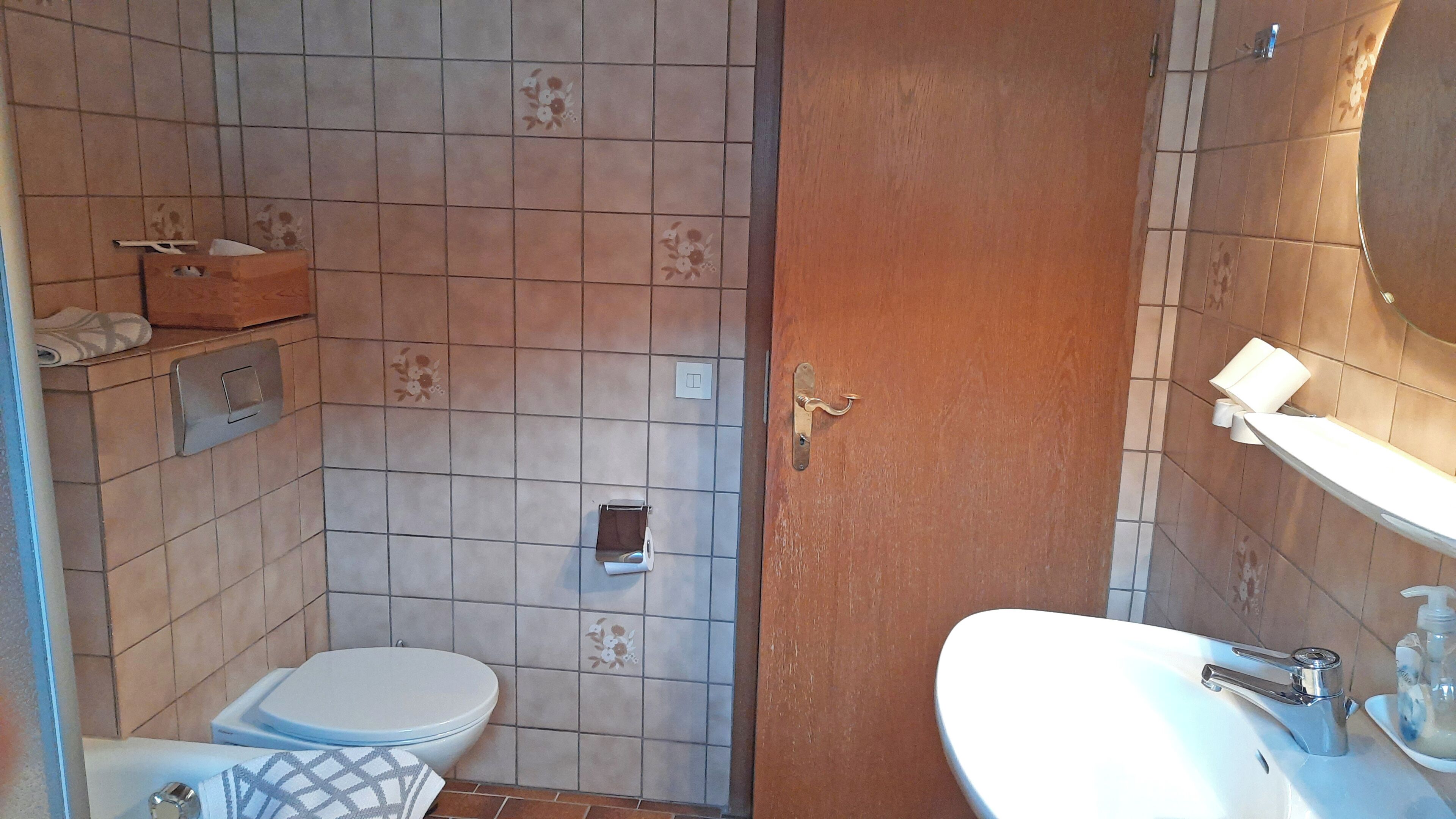 A bathroom with a toilet, sink, and shower area.