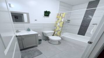Hair dryer, bidet, towels, soap
