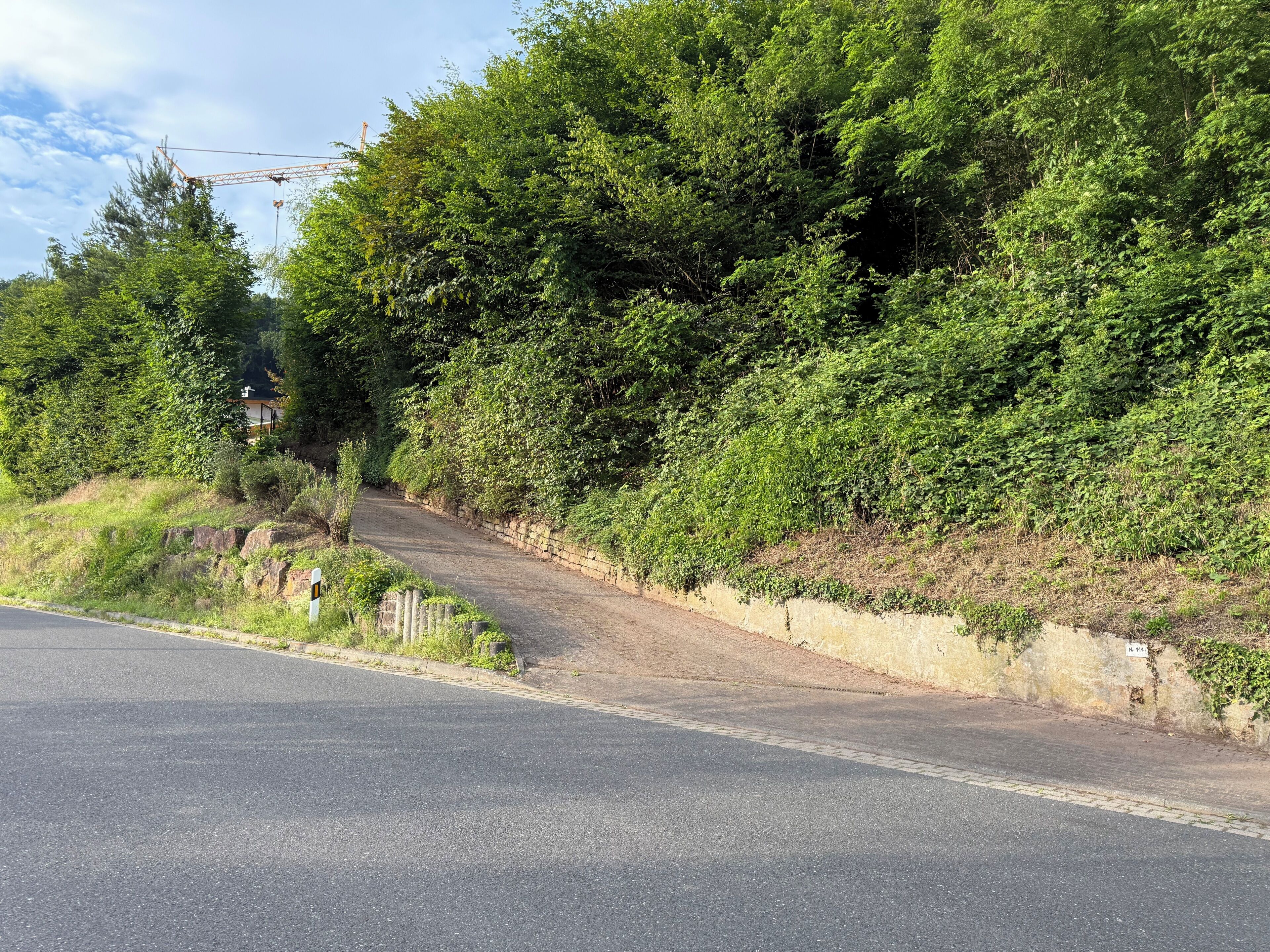 Eine Straße, an deren Seite eine Steinmauer und dichtes Grün zu sehen sind.