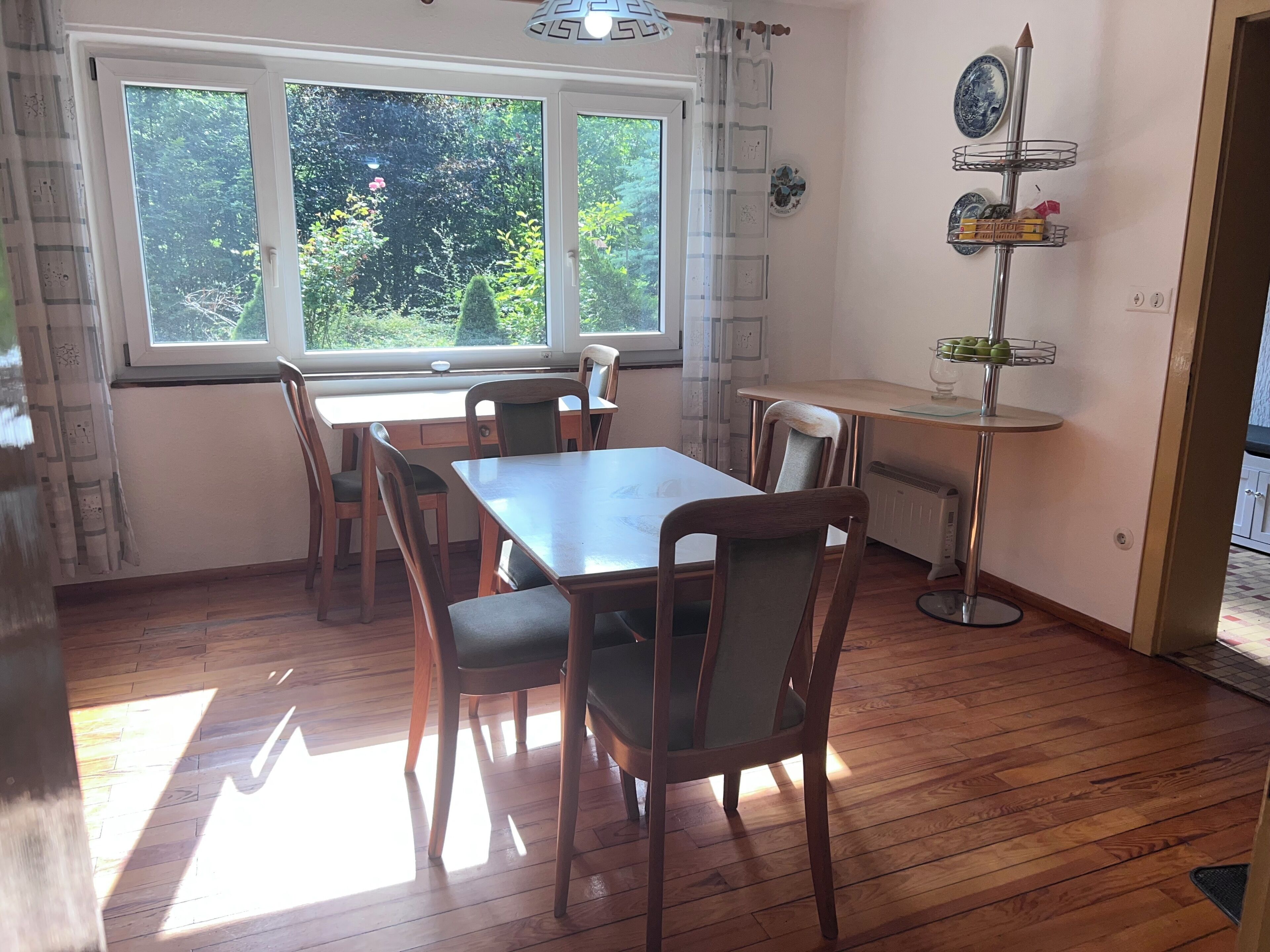 A room with a wooden table and chairs, a window with a view of greenery, a radiator, and a small shelf with items.