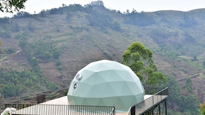 A geodesic dome structure with a metal staircase leading to a platform with a railing. - Hillside Escape Glamping (Kodaikanal)