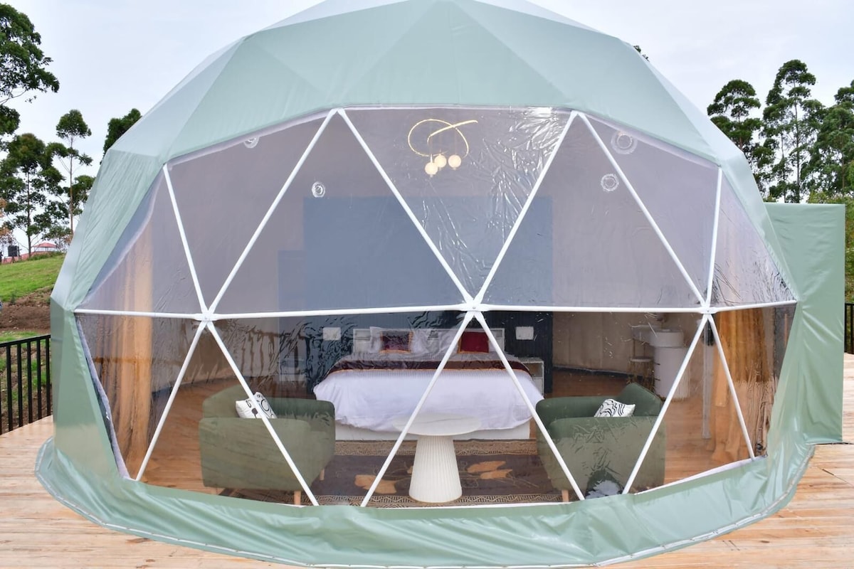 Una estructura en forma de domo geodésico con cama y zona de estar en su interior.
