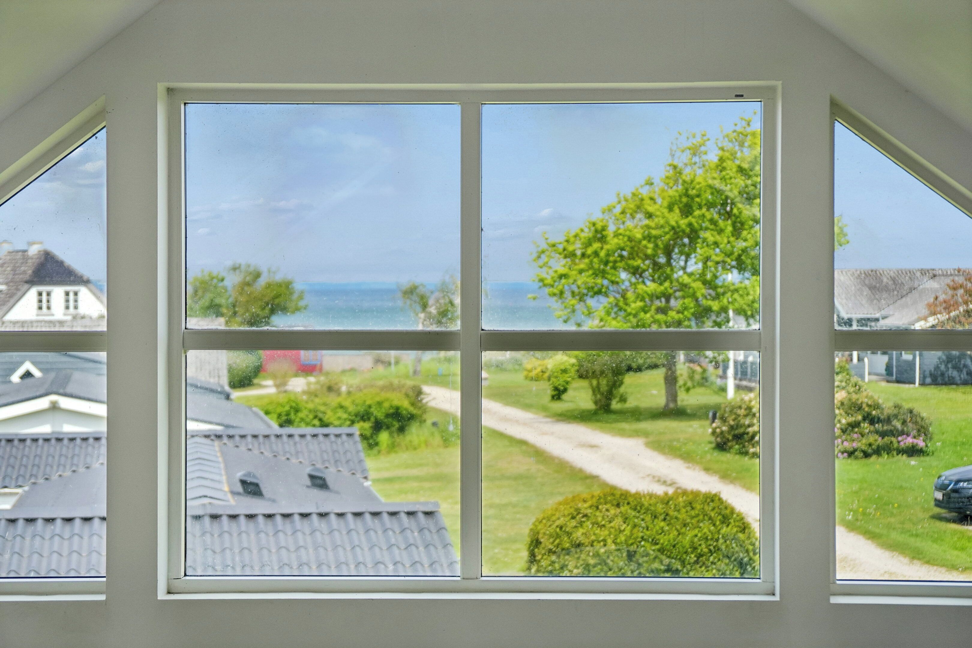 A view through a window with a clear sky, a pathway, and greenery.