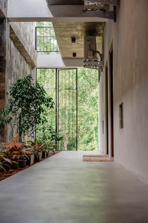 A corridor with a view of greenery through a metal gate, potted plants along the walls, and a concrete floor.