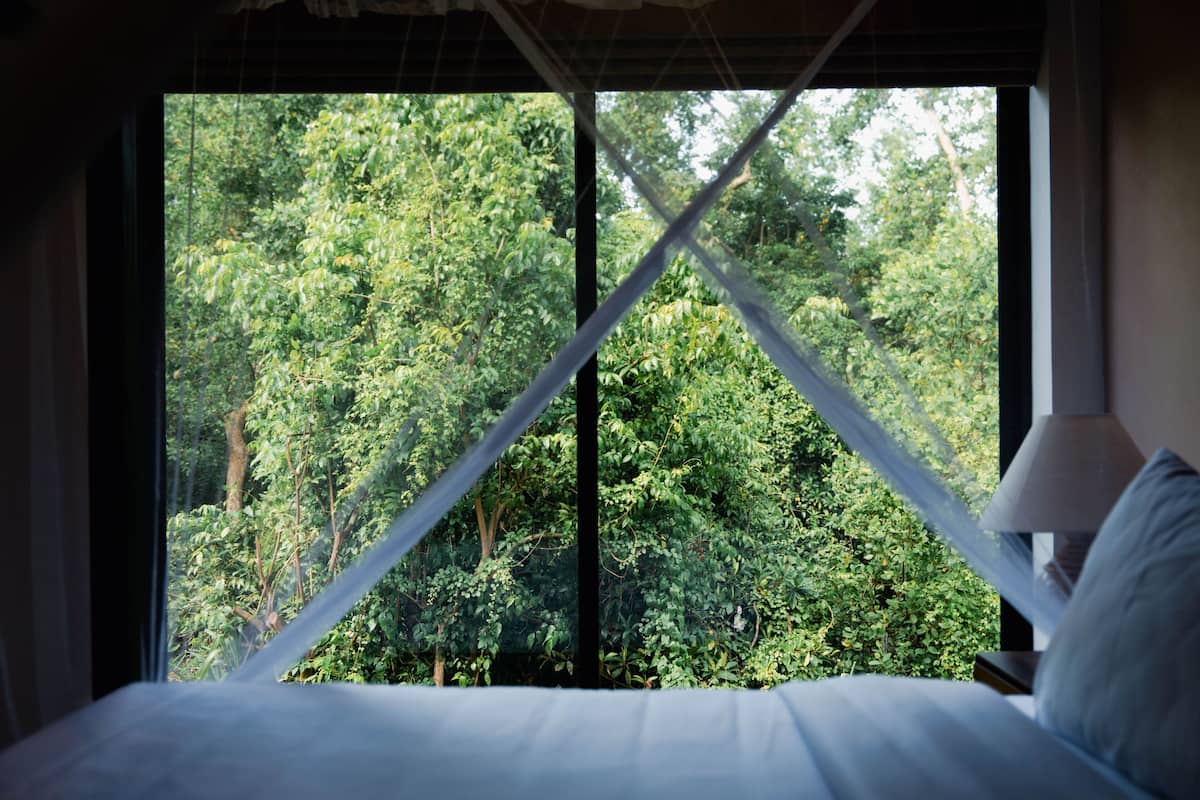 Ein Bett mit Blick auf dichtes Grün durch ein Fenster mit weißem Vorhang.