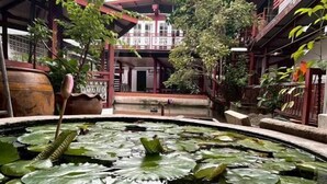 Ein Innenhof mit Teich, Blumentöpfen und einem Gebäude mit Balkon.