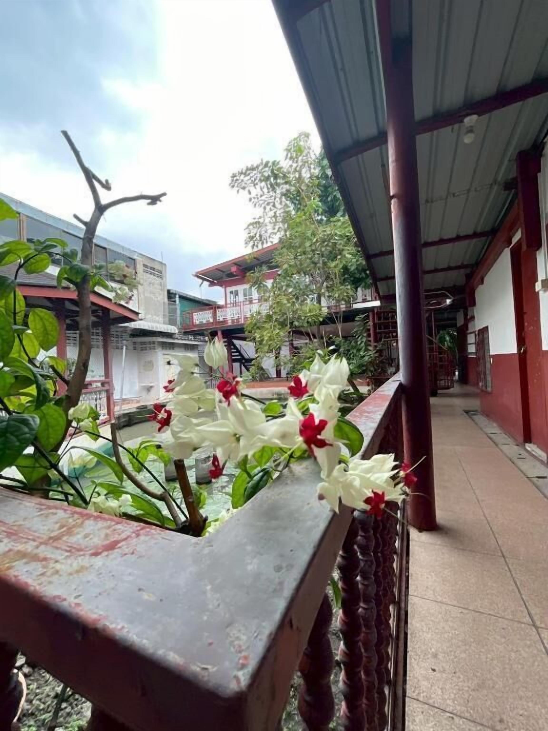 A covered outdoor area with a railing, a building in the background, and some greenery.