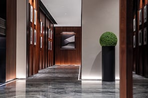A modern hallway with wooden paneling, framed pictures, a spherical green plant, and a marble floor.