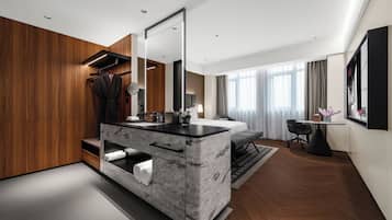 Desk, laptop workspace, blackout curtains, iron/ironing board