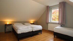 Une chambre avec deux lits, une fenêtre avec des rideaux, un radiateur et un luminaire au plafond.