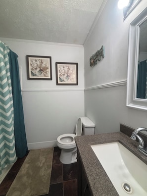 Ein Badezimmer mit Toilette, Waschbecken und zwei gerahmten floralen Bildern an der Wand.