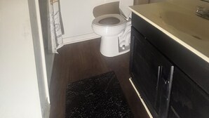 A small bathroom with a toilet, a sink, and a mirror. There are framed pictures on the wall and a curtain on the window. - Vintage- Getaway Fabulous 3-bedroom house with AC in charming Columbus (Columbus)