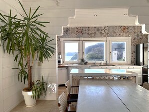 Una cocina moderna con una isla grande, armarios blancos, una planta en maceta y vistas a un paisaje montañoso a través de las ventanas.