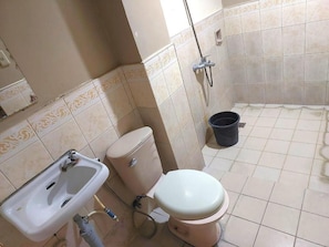 Une salle de bain avec un lavabo, des toilettes et une douche.
