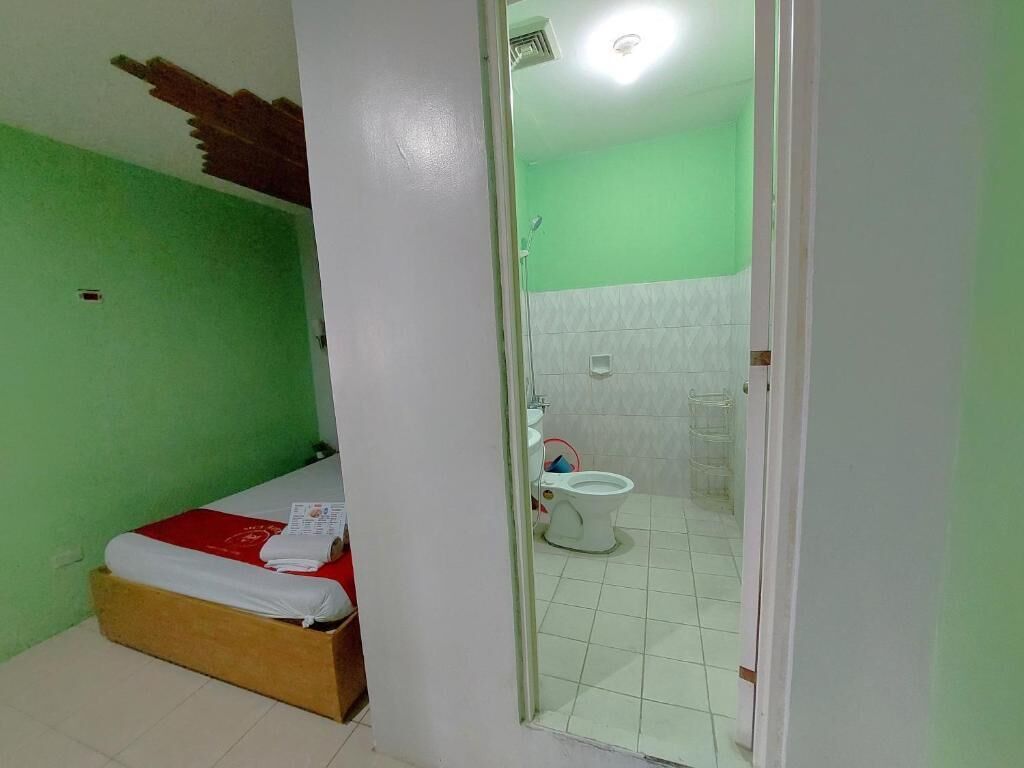 A room with a bed, a toilet, and a shower area.