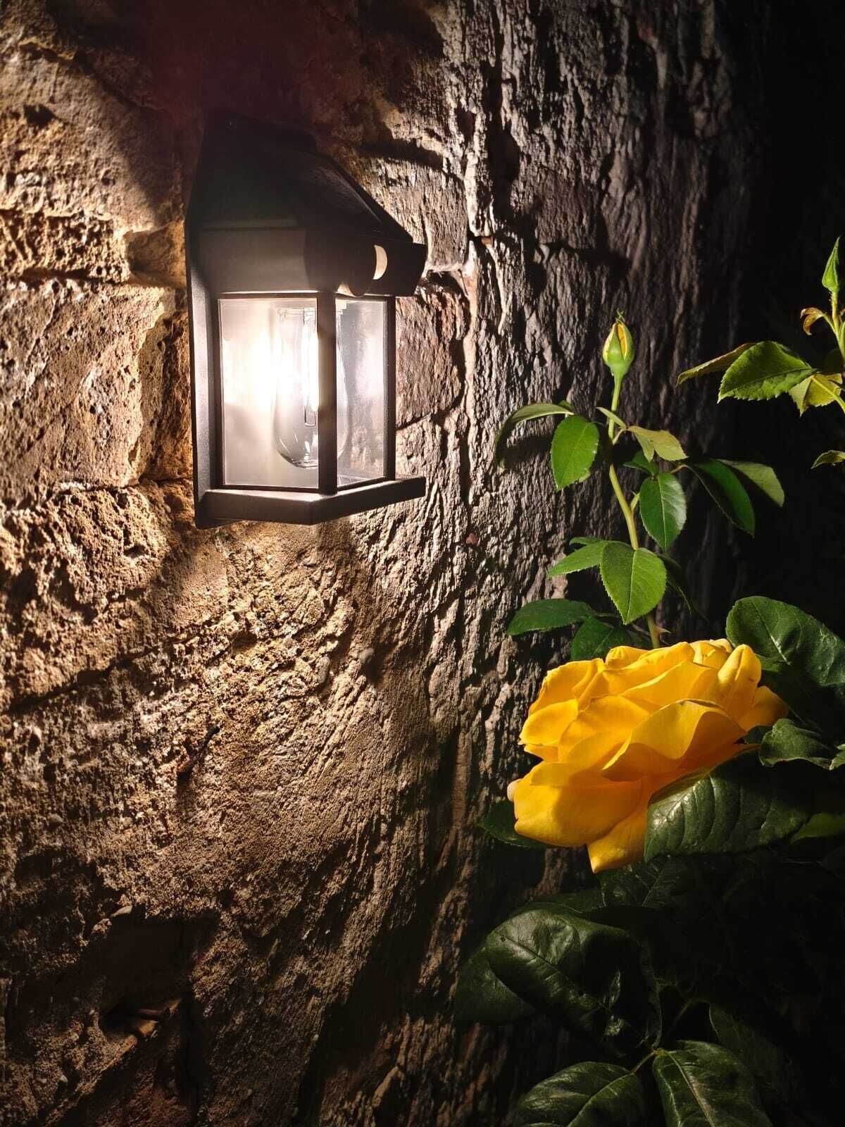 Un muro de piedra con un farol y una rosa amarilla.