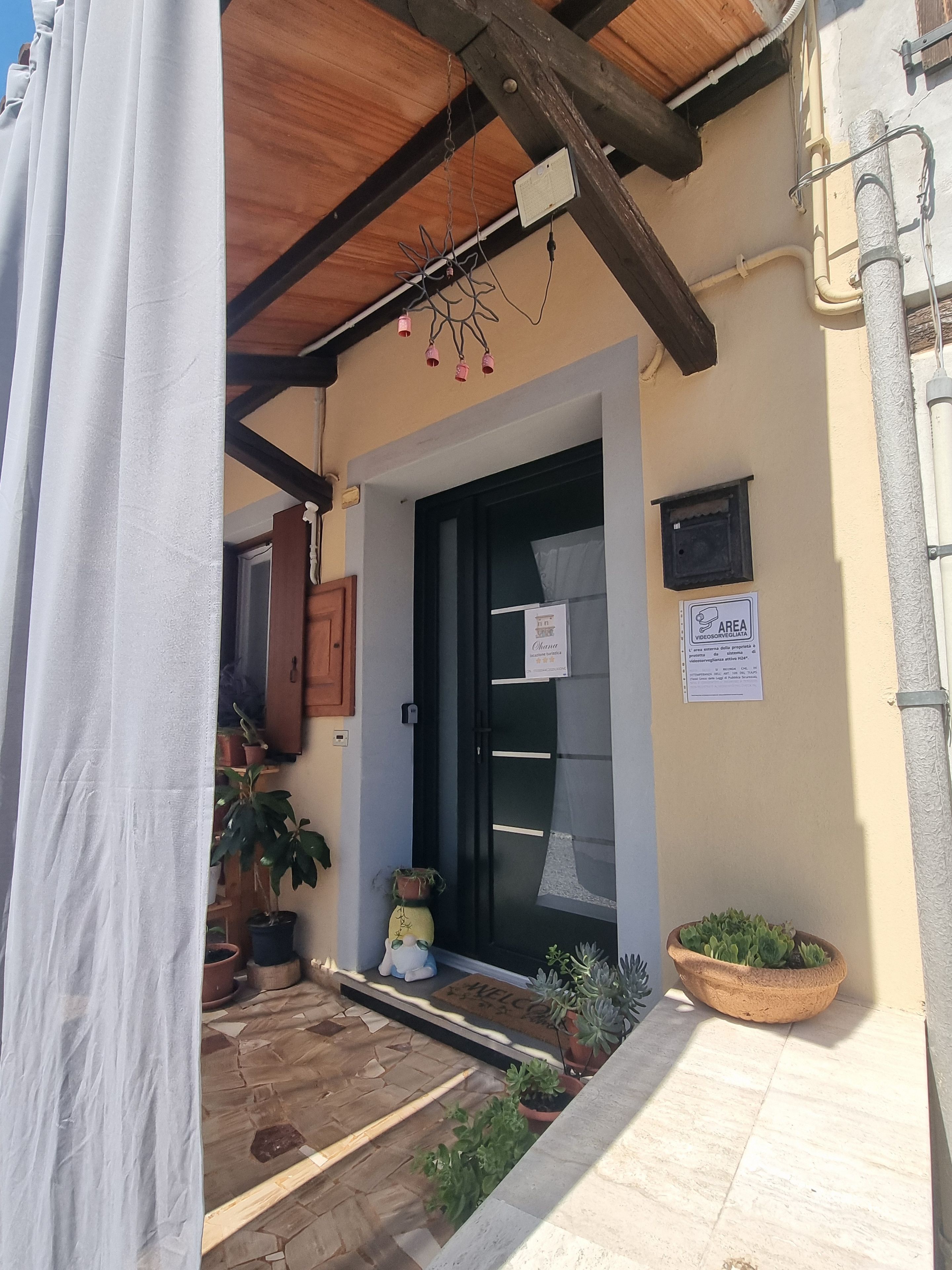 A building entrance with a wooden door, potted plants, and a welcome mat.