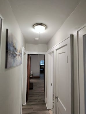 En gang med loftlampe, en dør og et billede på væggen.
