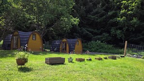 A row of wooden cottages with pitched roofs, surrounded by a grassy field and dense trees.