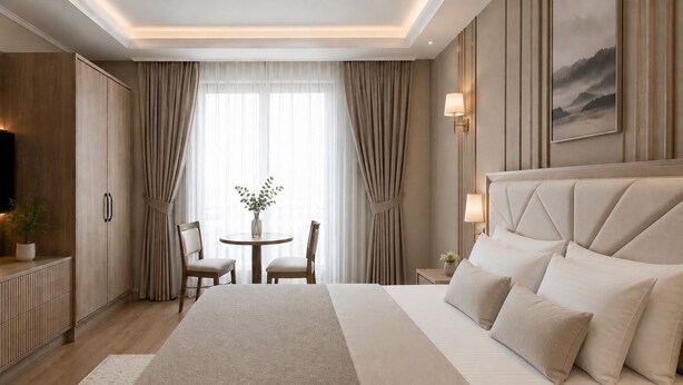 A hotel room with a large bed, a desk with two chairs, a television, and a painting on the wall. - ROZA TAKSIM  (Istanbul)