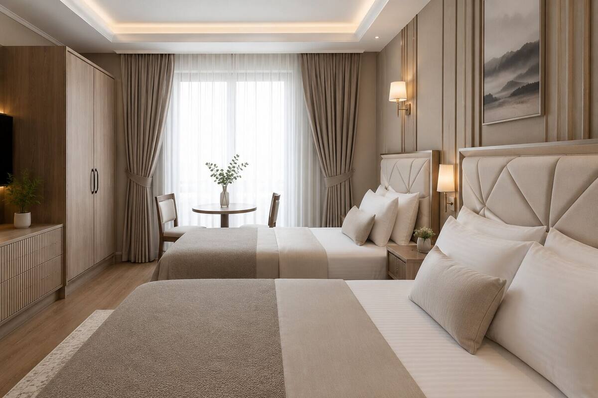 A hotel room with two beds, a round table, a TV, and a painting on the wall.